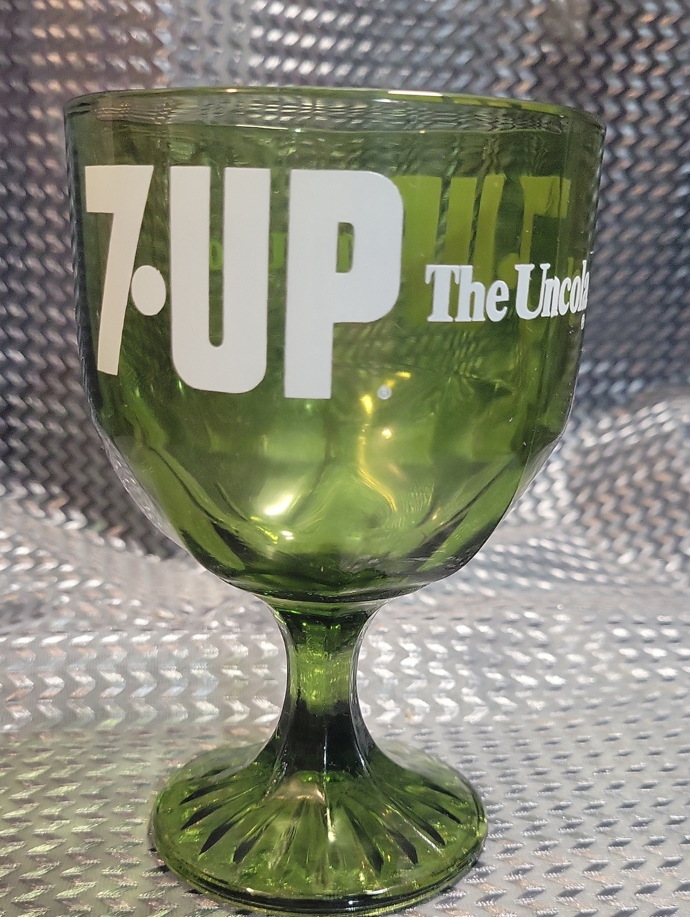 Vintage 70s 7 UP The Uncola Green Glass Stein Cup Goblet Retro Mug